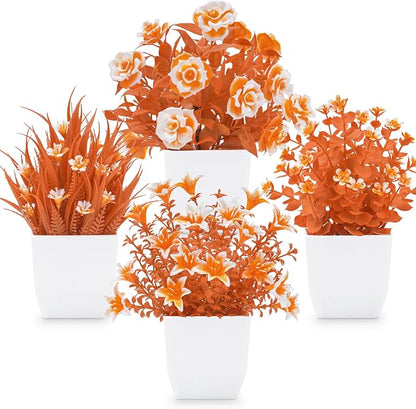 Der Rose 4 Pack Fall Fake Flowers Mums Artificial Plants in Pots Home Decor | Autumn-color potted flowers, warm seasonal faux blooms, for bathroom desk shelf office wedding and fall farmhouse home decor