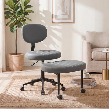 Cross Legged Office Chair with Wheels, 360 Swivel Height-Adjustable Meditation Chair with Lumbar Support, PU Leather, Gray