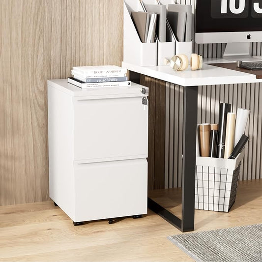 Greenvelly 2-Drawer Mobile File Cabinet with Lock, Metal Rolling Filing Cabinet on Wheels, Under Desk File Cabinet for Home Office, Fits Letter/Legal/A4 File (Assembly Required, White)