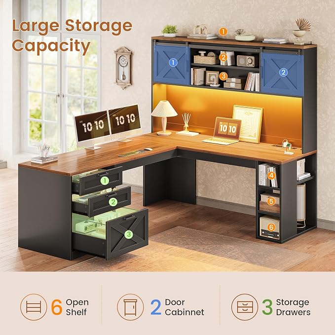 SEDETA 67" Farmhouse L Shaped Desk with Hutch, Home Office Desks with Drawers & Sliding Doors, Corner Computer Desk with Storage Shelves & Power Outlets, Executive Desk with LED Lights, Black+Brown