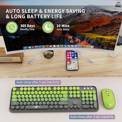 Wireless Keyboard and Mouse Combo - Cute Colorful Keyboard and Mouse, Retro Typewriter Keyboard with 2.4GHz Plug & Play, for Windows 11/10/7, Laptop, PC (V2020-Green)