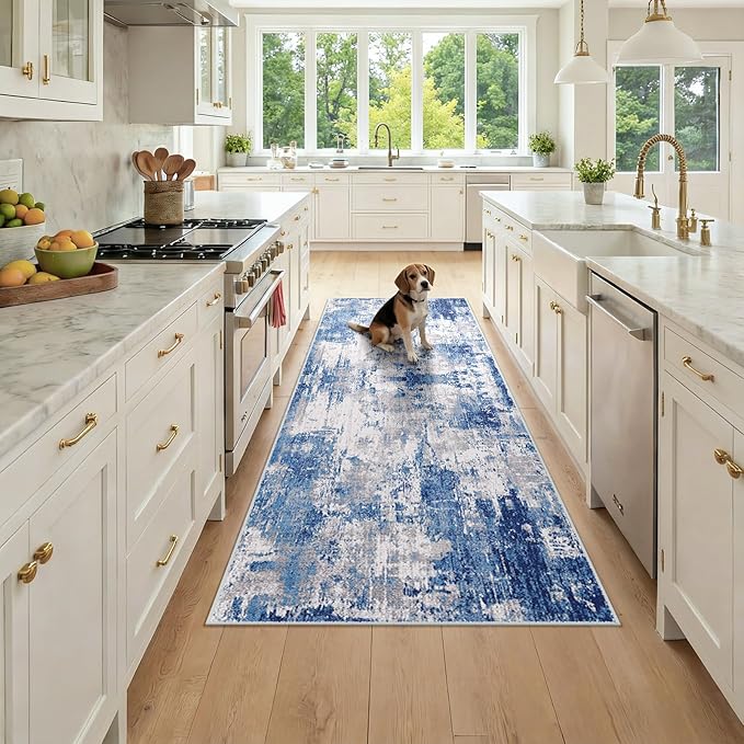 RELEANY Washable Area Rugs 3x7 Non-Slip Modern Abstract Soft for Living Room Entryway Bedroom Kitchen, Print Pattern, Blue Grey Navy Gray