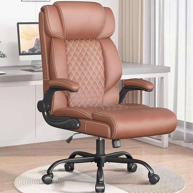 Office Chair-Executive High Back Breathable Big and Tall Office Chair Flip-up Armrests Lumbar Support-Ergonomic Leather Rolling Swivel Chair with Rock Function for Working Studying Gaming,2 Pack