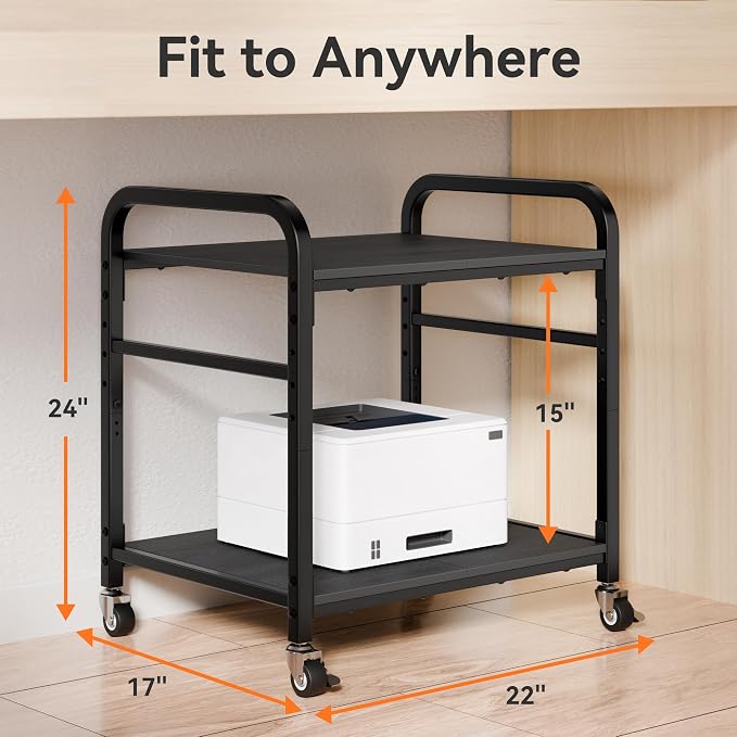 niffgaff 2 Tier Under Desk Printer Stand with Storage, 22" Rolling Printer Cart with Lockable Wheels, Height Adjustable Shelf for Home Office, Black