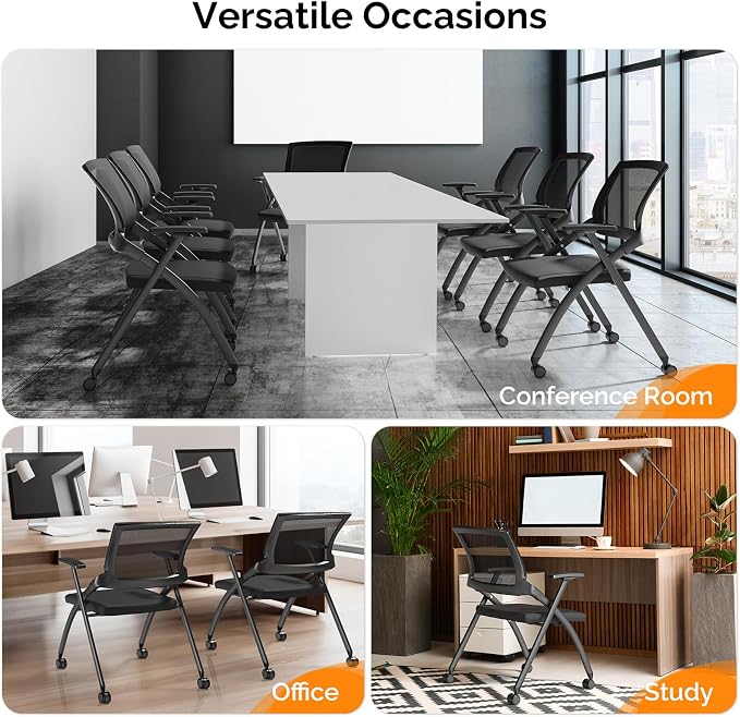 Stackable Conference Room Chair with Wheels, Folding Office Chair with Rebound Back & Padded Seat, 350 lb Capacity, Black – Ideal for Training, Guest, Reception & Event Seating