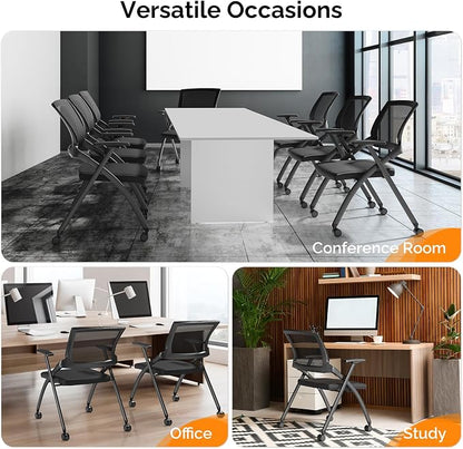 Stackable Conference Room Chair with Wheels, Folding Office Chair with Rebound Back & Padded Seat, 350 lb Capacity, Black – Ideal for Training, Guest, Reception & Event Seating