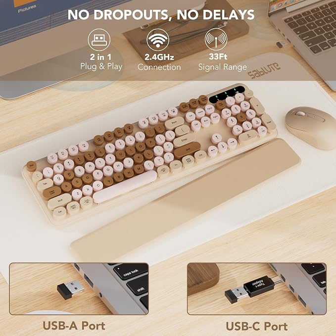 Wireless Keyboard and Mouse Combo, Round Keycaps, Full-Size Retro Typewriter Keyboard with Magnetic Wrist Rest, Tilt Legs, 2.4GHz Cordless for Mac, Windows PC, Laptop, SABLUTE CK23, Latte Beige