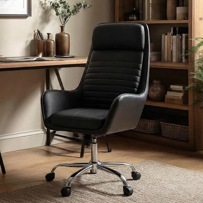 COLAMY Ellis High-Back Home Office Desk Chair, Leather Executive Chair with Integrated Armrests, Black
