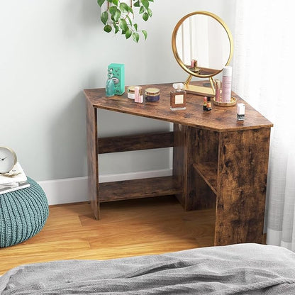 GOFLAME Corner Desk with Storage Shelves, Triangular Computer Desk with Cable Management Holes, Laptop Workstation for Small Space, Makeup Vanity Desk for Living Room, Study, Rustic Brown