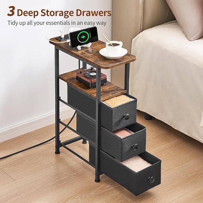 DALEMHOME Narrow End Table with Charging Station, Narrow Side Table with Drawer, Small Nightstand with LED Light, Skinny Nightstand, Small Bedside Table for Living Room, Bedroom, Couch, Rustic Brown