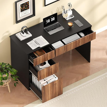 4 EVER WINNER Computer Desk with Drawers, 48 Inch Fluted Small Desk with Storage for Small Spaces, Wood Home Office Desk for Study, Living Room, Bedroom, Black