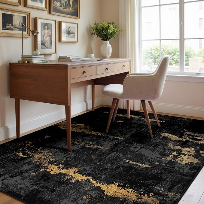 RELEANY Washable Area Rugs 4'x6' Non-Slip Modern Abstract Soft for Living Room Entryway Bedroom Kitchen, Print Pattern, Dark Black Gold
