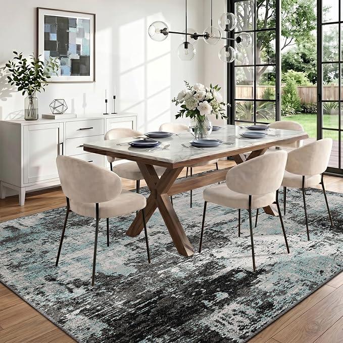 RELEANY Washable Area Rugs 5'x7' Non-Slip Modern Abstract Soft for Living Room Entryway Bedroom Kitchen, Print Pattern, Blue Black Teal