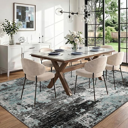 RELEANY Washable Area Rugs 7'x9' Non-Slip Modern Abstract Soft for Living Room Entryway Bedroom Kitchen, Print Pattern, Blue Black Teal