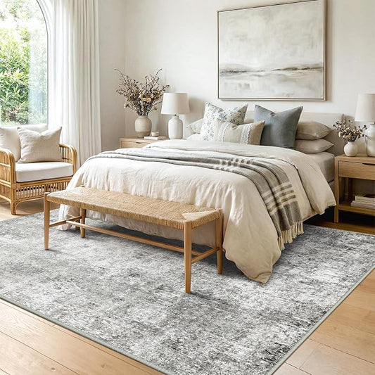 RELEANY Washable Area Rugs 5'x7' Non-Slip Modern Abstract Soft for Living Room Entryway Bedroom Kitchen, Print Pattern, Gray White Grey