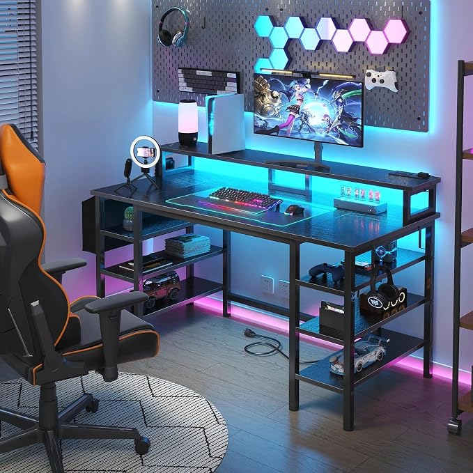 Lufeiya Gaming Desk with LED Lights and Storage Shelves, 47 inch Computer Desk with Power Outlets, Home Office Desk with Monitor Stand, Writing Table PC Desks, Black