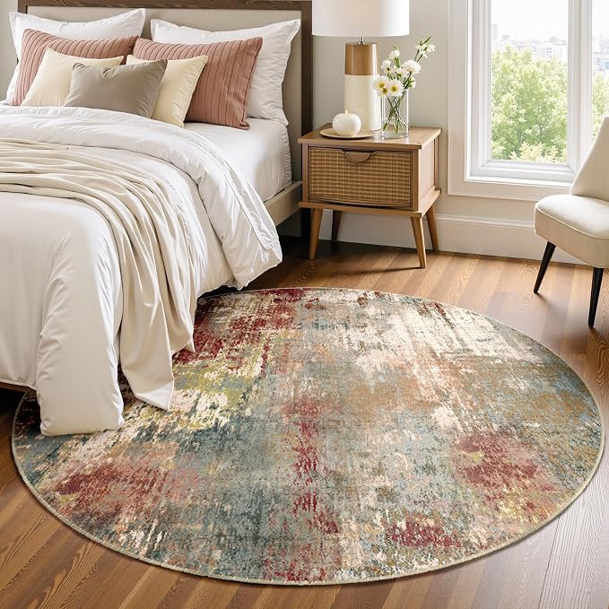 RELEANY Washable Area Rugs 4ft Non-Slip Modern Abstract Soft for Living Room Entryway Bedroom Kitchen, Print Pattern, Brown Rust Red Green Blue Multi