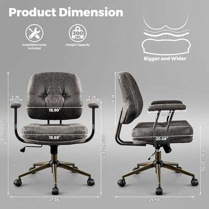 ovios Ergonomic Office Chair, Mid Back Faux Leather Executive Chairs with Thick Cushion, Comfy Mid-Century Modern Swivel Rolling Computer Armchair (Dark Grey, Suede Leather)
