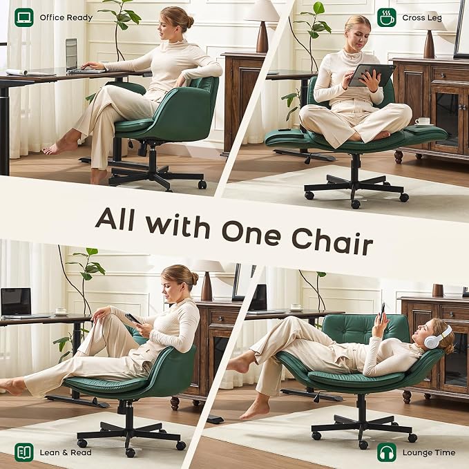 amseatec Criss Cross Office Chair, PU Leather Vanity Chair with 5-Level Adjustable Armrests & Swivel, Ergonomic Criss Cross Chair for Home Office Bedroom Makeup（Green）