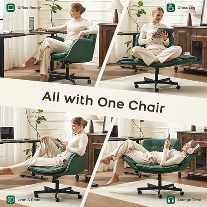 amseatec Criss Cross Office Chair, PU Leather Vanity Chair with 5-Level Adjustable Armrests & Swivel, Ergonomic Criss Cross Chair for Home Office Bedroom Makeup（Green）