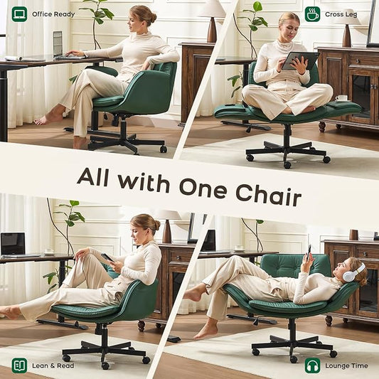 amseatec Criss Cross Office Chair, PU Leather Vanity Chair with 5-Level Adjustable Armrests & Swivel, Ergonomic Criss Cross Chair for Home Office Bedroom Makeup（Green）