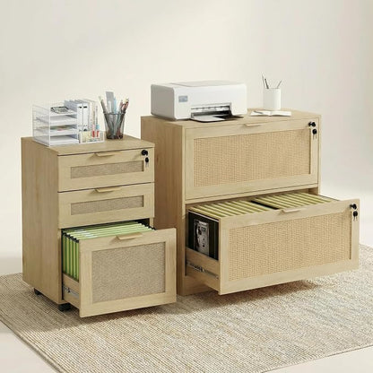 Lateral File Cabinets for Home Office, 3 Drawer Filing Cabinet with Lock, Rattan Filing Organization Storage Cabinets with Printer Stand for Hanging Files/Letter/Legal/A4/F4 Size, Natural Wood
