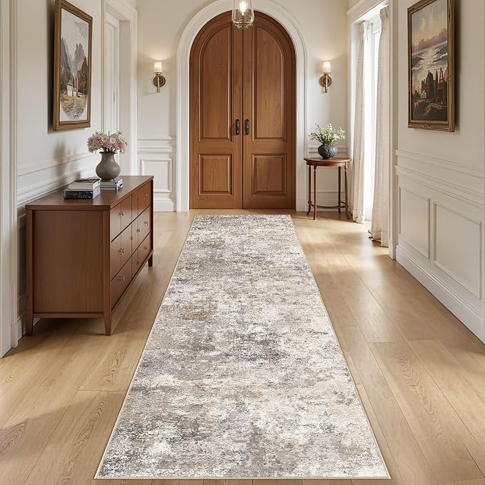 UERMEI 3x10 Washable Runner Rug for Hallway, Non Slip Low Pile Kitchen Carpet, Neutral Modern Abstract Indoor Floor Mat for Entryway Laundry, Kid & Pet Safe High Traffic Area, Brown Grey