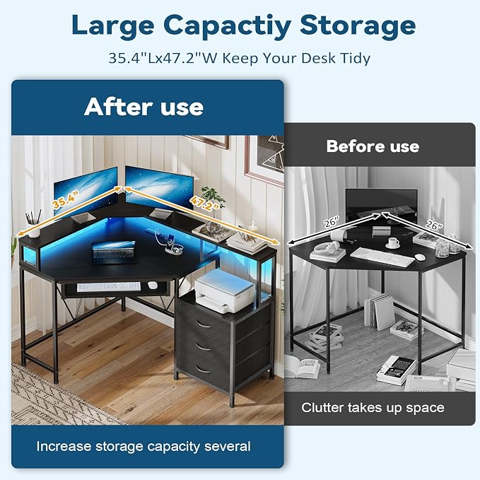 YOMILUVE Small Corner Desk with Drawers, Corner Gaming Desk with Power Outlets & Printer Shelf for Small Space, Triangle Computer Desk with LED Lights, Keyboard Tray and Monitor Stand, Black