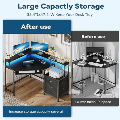 YOMILUVE Small Corner Desk with Drawers, Corner Gaming Desk with Power Outlets & Printer Shelf for Small Space, Triangle Computer Desk with LED Lights, Keyboard Tray and Monitor Stand, Black