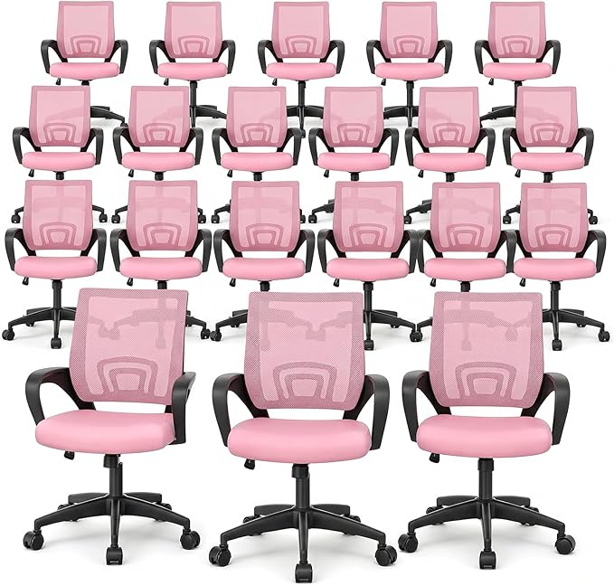 Magshion Ergonomic Office Chair 20 Pack, Mid-Back Mesh Desk Chair, Adjustable Swivel Computer Chair with Lumbar Support & Breathable Backrest for Gaming, Work, Study, 300 Lbs Capacity, Pink