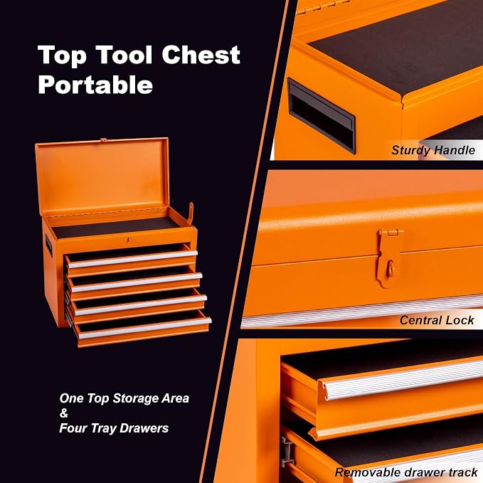 RYH 5 Drawers Rolling Tool Chest & Tool Box on Wheels | Heavy Duty Metal Cart with Ball Bearing Drawers | Fits US General Tool Box for Garage Storage (Orange, 5 Drawers（42.1" H × 20.7" W × 11" D)