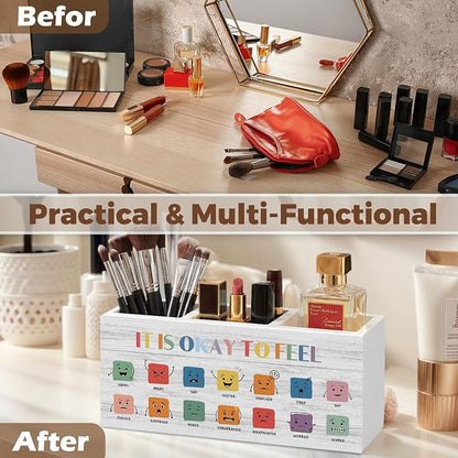 Emotions Chart Classroom Pencil Pen Holder for Desk Organizer, It Is Okay to Feel Decor, Feelings Chart Wooden Box Decorations for Kids School Counseling Office Classroom Desk Tabletop Decor