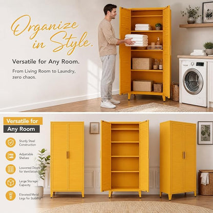 61" Tall Metal Pantry Cabinet with Lock and 3 Adjustable Shelves,Freestanding Heavy Duty Steel Storage Locker,Yellow Metal Cabinets for Kitchen,Living Room,Home 61" H X 27.6" W X 13.8" D