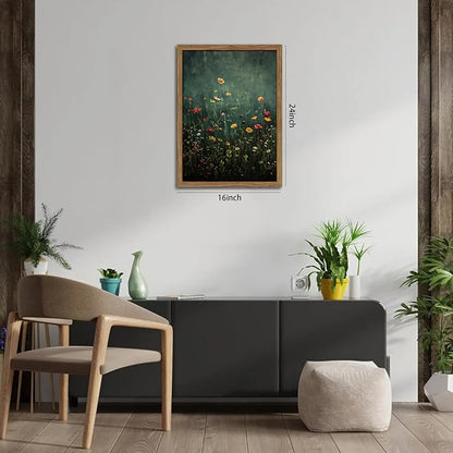 Wildflower Field Framed Wall Art, Vintage Botanical Flower Wall Decor, Modern Farmhouse Floral Canvas Art, Green Field Landscape Pictures Artwork for Living Room Bedroom – 16x24 inch