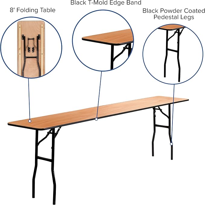 EMMA + OLIVER 8-Foot Rectangular Wood Folding Training/Seminar Table with Clear Coated Top