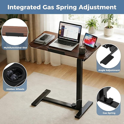 DUMOS Standing Desk on Wheels Height Adjustable Computer Cart with Pneumatic Lift, Rolling Table, Portable Workstation for Bed, Sofa, Hospital or Office Brown