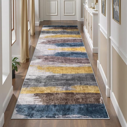 Ciicool 2'6"x10' Washable Runner Rug, Modern Abstract Hallway Rugs Runner, Non-Slip Thin Accent Rug Lightweight Yellow Grey Distressed Carpet Runners for Laundry Entryway Bedroom Kitchen Indoor