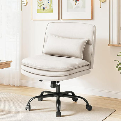 Furmax Criss Cross Legged Office Chair with Wheels, Armless Extra Wide Seat Swivel Desk Chair, Adjustable Height Comfy Task Chair with Thick Cushion for Home Office Bedroom Vanity (Fabric, Beige)