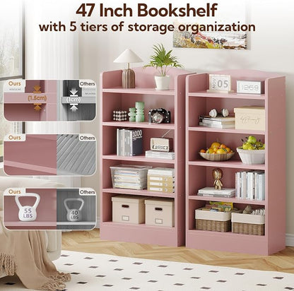 ALISENED 5-Tier Bookcase, Open Bookshelves and Bookcases with Storage Shelves, Floor Standing Unit, Display Storage Shelves for Bedroom Library Living Room Home Office, Pink