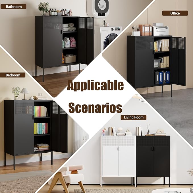 2 Mesh Door Metal Storage Cabinet with Adjustable Shelves, 3 Tier Steel Office Storage Cabinet 47''H Multipurpose Black Storage Cabinet, Metal Locker Storage Cabinet for Office, Home, Hallway