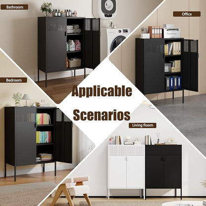 2 Mesh Door Metal Storage Cabinet with Adjustable Shelves, 3 Tier Steel Office Storage Cabinet 47''H Multipurpose Black Storage Cabinet, Metal Locker Storage Cabinet for Office, Home, Hallway