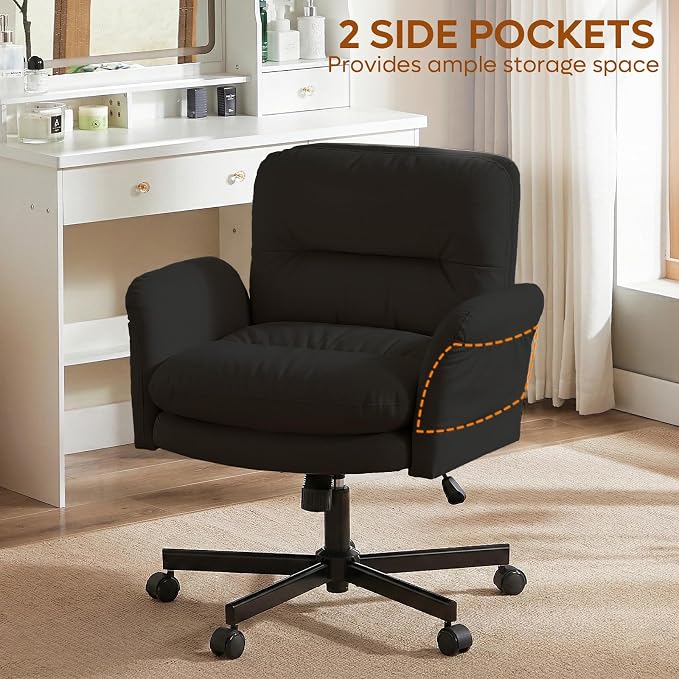 Bestier Criss Cross Office Chair with Flip-Up Armrests, Swivel Makeup Vanity Chair with Wheels & Side Pockets, Cross Legged Office Chair for Home Office, Bedroom, Black PU Leather