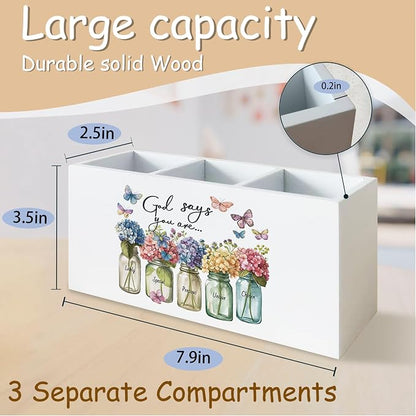 Christian Office Decor, Christian Pen Holder for Office Desk Decor, Hydrangea Bible Verse Wooden Pencil Holder Sign Organizer for Desk, Inspirational Hydrangea Gifts for Women Men