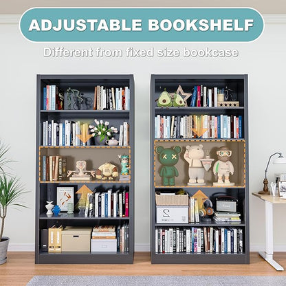 Bookcase, 5 Tier Bookshelves, 14" Deep Book Case for Book/Decor/CD/Movie, Metal Adjustable Book Shelf, 66" Tall Modern Bookshelf for Bedroom Living Room Home Office School (Black, 66"Hx33"Wx14"D)