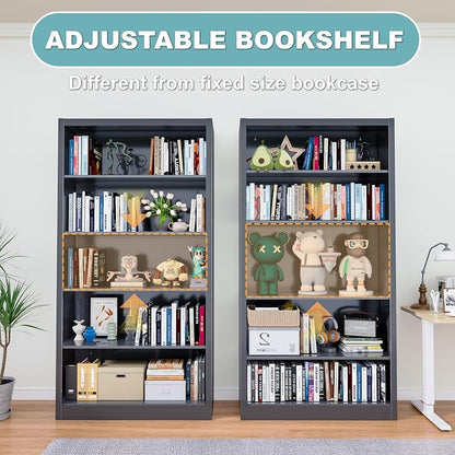 OSEILLC Bookcase,5 Tier Black Bookshelves,55" Tall Free Standing Metal Bookcase with Adjustable Storage Shelves, Wide Bookshelf for Bedroom Living Room Home Office School (Black)