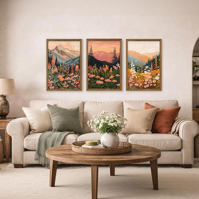 WRFON Botanical and Flower Canvas Wall Art, Framed Mountain Landscape Wall Art Set of 3, Wildflower Meadow Canvas Print, Rustic Nature Decor for Living Room Bedroom Cabin Lodge Farmhouse Decor, 20x30
