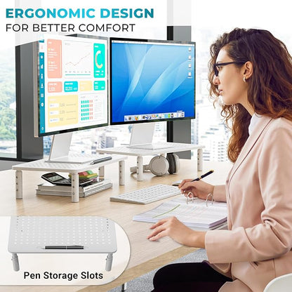 BONTEC Monitor Stand for Desk 2 Pack, 3-Level Height Adjustable Metal Monitor Riser, Ergonomic Computer Stand with Pen Holder & Cable Management for Printer, Laptop, Office Workstation, White