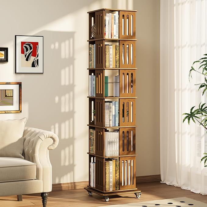 Turosur Rotating Bookshelf with Wheels, 6 Tier Spinning Bookshelf Tower, Solid Wood Revolving Bookcase with Storage for Small Spaces, 360 Display Square Rotating Book Shelf for Living Room, Walnut