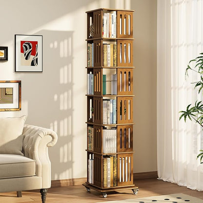 Turosur Rotating Bookshelf with Wheels, 6 Tier Spinning Bookshelf Tower, Solid Wood Revolving Bookcase with Storage for Small Spaces, 360 Display Square Rotating Book Shelf for Living Room, Walnut