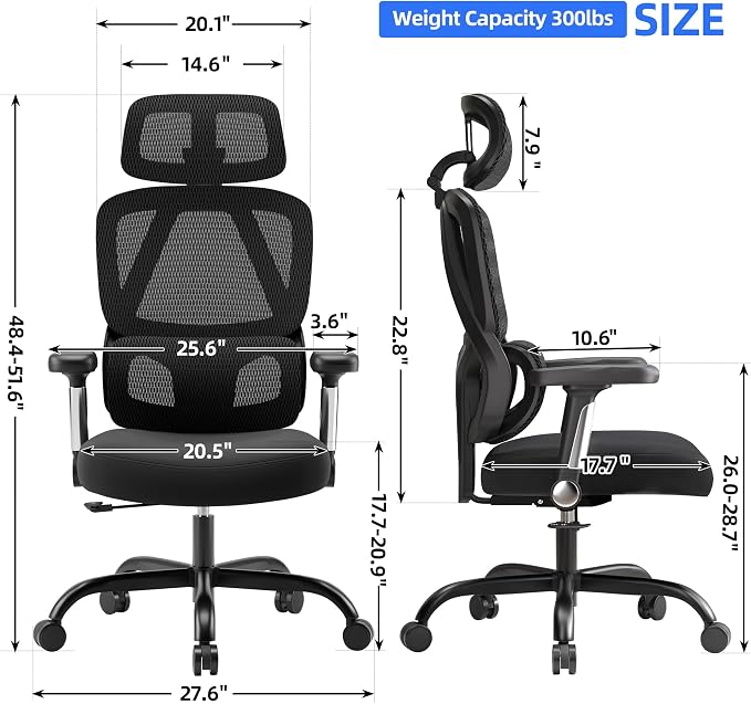 Ergonomic Office Chair, Mesh Back Desk Chair with Cushioned Seat, 3D Adjustable Headrest, 5D Armrests, 2-Level Lumbar Support, 135° Reclining High Back Computer Chair for Home Office